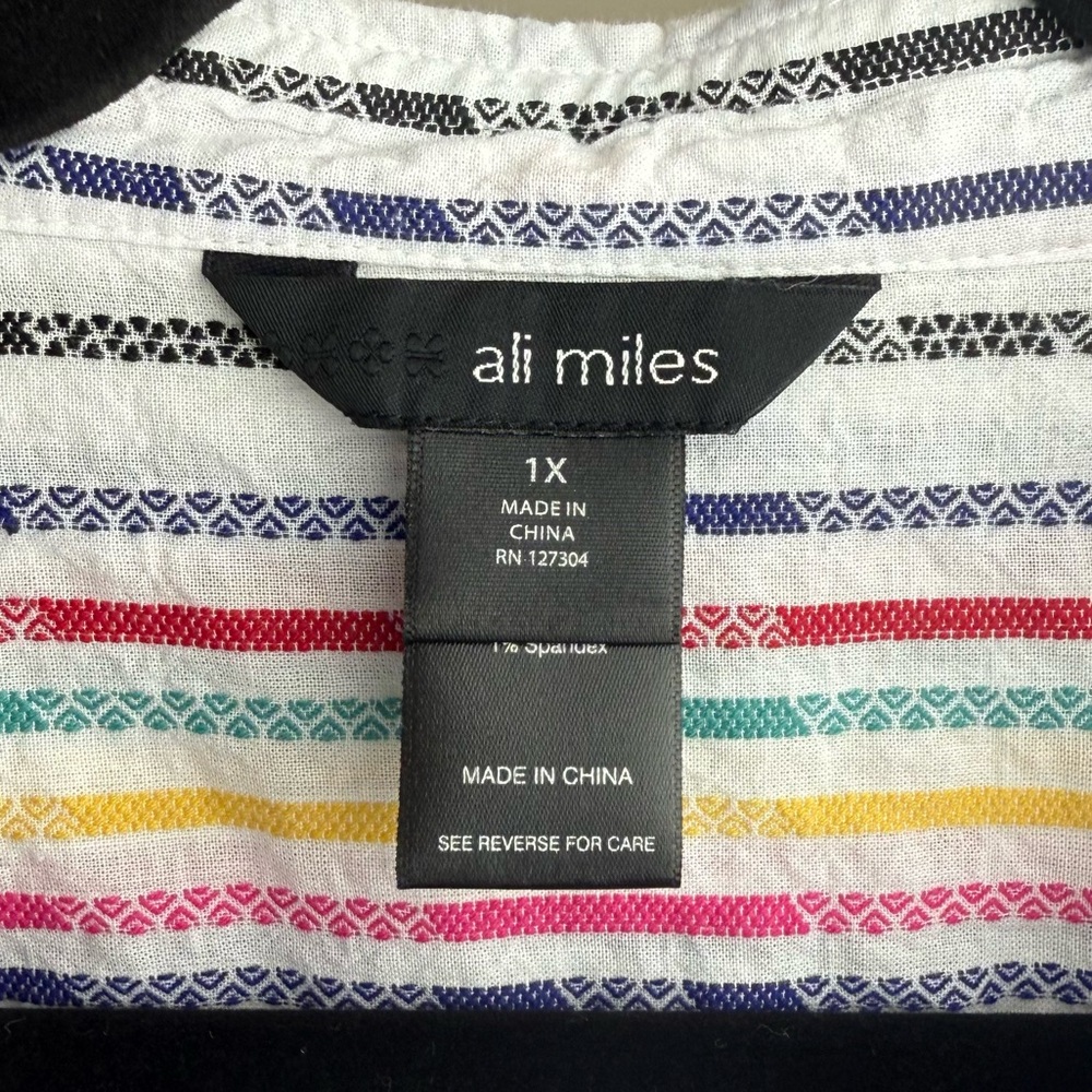 Ali Miles 1X Yarn-Dye Textured Multicolor Stripe Wire Collar Button Up Blouse - Picture 5 of 6